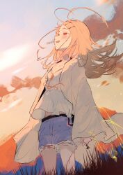  1girl belt black_belt blonde_hair blush camisole clouds commentary cowboy_shot denim denim_shorts dnamaguro earrings evening flat_chest flipped_hair floating_hair gakuen_idolmaster gradient_hair grey_hair hair_ornament hairclip highres idolmaster jewelry long_hair looking_up midriff_peek multicolored_hair open_mouth orange_eyes orange_ribbon orange_sky outdoors parallel_hairclips ribbon robe shinosawa_hiro shorts sky solo standing stud_earrings sunset white_camisole white_robe wide_sleeves wind 