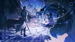  2boys black_coat black_hair book bookshelf coat collared_shirt copyright_name dual_persona from_above full_body glowing highres holding holding_book holding_sword holding_weapon kim_dokja light_rays looking_at_another male_focus mini_person miniboy multiple_boys oldest_dream omniscient_reader's_viewpoint on_ground open_clothes open_coat open_skull paper seiza shadow shirt short_hair sitting sky space sqtaya1 standing star_(sky) starry_sky surreal sword symbolism vest weapon white_shirt wind wind_lift yellow_vest yoo_joonghyuk 