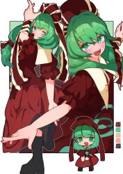  1girl arm_ribbon arm_up bow color_guide dress frilled_bow frilled_ribbon frills front_ponytail green_eyes green_hair hair_bow hair_ribbon happy highres kagiyama_hina multiple_views myakopu red_bow red_dress red_ribbon ribbon smile touhou white_background 