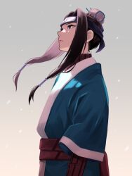  1boy black_hair closed_mouth forehead_protector from_side hair_bun hair_tubes haku_(naruto) highres japanese_clothes kirigakure_symbol looking_up male_focus naruto_(classic) naruto_(series) sameccor short_hair_with_long_locks short_sleeves snow solo violet_eyes 
