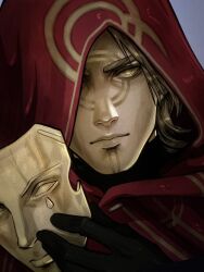  1boy absurdres adam_warlock artzaisha black_gloves blonde_hair blue_background colored_skin english_commentary gloves guardians_of_the_galaxy highres holding holding_mask looking_at_viewer male_focus marvel marvel_rivals mask official_alternate_costume one_eye_covered red_hood short_hair solo unfinished unworn_mask yellow_eyes yellow_skin 