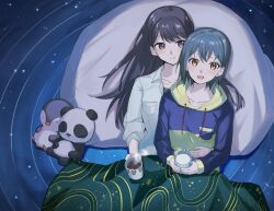  2girls bang_dream! bang_dream!_it's_mygo!!!!! bean_bag_chair black_hair blanket blue_hoodie brown_eyes chinese_commentary closed_mouth commentary_request couple cup ggxc grey_hair holding holding_cup hood hood_down hoodie jacket long_hair long_sleeves mug multiple_girls open_mouth shiina_taki short_hair stuffed_animal stuffed_panda stuffed_penguin stuffed_toy takamatsu_tomori three-quarter_sleeves under_covers violet_eyes white_jacket yuri 
