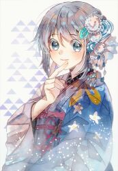  1girl blue_eyes blue_gemstone blue_hair blue_kimono blue_sash bow colored_eyelashes commentary_request finger_to_own_chin fingernails floral_print floral_print_kimono flower gem gem_hair_ornament hair_bow hair_flower hair_ornament hammett_pizza haregi japanese_clothes kimono light_blush light_smile long_sleeves looking_at_viewer magia_record:_mahou_shoujo_madoka_magica_gaiden magical_girl mahou_shoujo_madoka_magica mahou_shoujo_madoka_magica_(anime) miki_sayaka miki_sayaka_(haregi_ver.) official_alternate_costume print_kimono sash short_hair solo soul_gem two-tone_kimono waist_ribbon white_background white_kimono wide_sleeves 