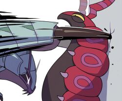  against_wall antennae black_claws black_sclera black_skin bug centipede claws colored_sclera colored_skin extra_arms giant_isopod golisopod grey_skin half-closed_eyes isopod multicolored_skin no_humans pokemon pokemon_(creature) pokemon_focus purple_skin red_skin scolipede slit_pupils ssalbulre two-tone_skin v-shaped_eyes yellow_sclera 