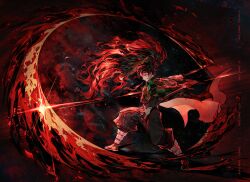  1boy artist_name attack_trail black_background black_pants bright_pupils checkered_haori closed_mouth commentary_request copyright_name demon_slayer_uniform earrings facial_mark fiery_hair fighting_stance full_body glint hanafuda_earrings haori highres holding holding_sheath holding_sword holding_weapon japanese_clothes jewelry jowell_she kamado_tanjirou katana kimetsu_no_yaiba legs_apart long_sleeves male_focus pants red_eyes red_hair sandals serious sheath short_hair slashing solo sword sword_writing tabi tsugikuni_yoriichi twitter_username weapon white_pupils 
