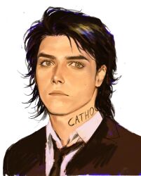  1boy black_hair black_jacket black_necktie blazer closed_mouth collared_shirt forked_eyebrows gerard_way green_eyes highres jacket kunnuscumnus looking_to_the_side mullet my_chemical_romance neck_tattoo necktie portrait real_life realistic shirt side_part simple_background tattoo unfinished white_background white_shirt 