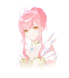  1girl absurdres armor bare_shoulders breastplate brown_eyes chinese_commentary choker clothing_cutout colored_eyelashes commentary_request cropped_torso dot_nose dress grin hair_bun happy highres infinity_nikki jewelry lace-trimmed_choker lace_trim lips looking_at_viewer melody_bloom_(infinity_nikki) moridehuguang necklace nikki_(nikki) nikki_(series) pink_hair pink_lips short_hair_with_long_locks short_sleeves shoulder_cutout sidelocks simple_background single_hair_bun smile solo sparkle tiara updo wavy_hair white_background white_choker white_dress 