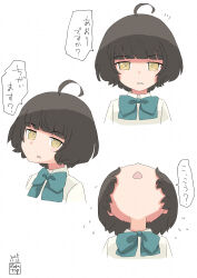  1girl absurdres ahoge aqua_bow aqua_bowtie artist_logo black_hair bow bowtie commentary_request highres kantai_collection kishinami_(kancolle) logo looking_at_viewer looking_up meme multiple_views short_hair toplow translation_request upper_body upward_angle_frieren_drawing_(meme) yellow_eyes 