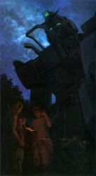  4boys absurdres artist_request assault_rifle bald boots cable chest_cannon dirty flashlight green_eyes ground_gundam gun gundam gundam_08th_ms_team highres holding holding_flashlight machine_gun machinery map mecha mobile_suit multiple_boys multiple_others nebula night open_cockpit reading realistic rifle robot science_fiction star_(sky) talking tree v-fin vest weapon 