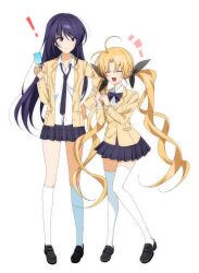  2girls alion_9715 alternate_color antenna_hair aoi_sena black_shoes blonde_hair bow bowtie brown_jacket chaos;head closed_eyes closed_mouth dress_shirt food full_body highres holding holding_food holding_popsicle jacket kneehighs loafers long_hair long_sleeves looking_at_another multiple_girls necktie nervous_sweating open_mouth orihara_kozue plaid_bow plaid_bowtie plaid_clothes plaid_necktie plaid_skirt pleated_skirt popsicle purple_bow purple_bowtie purple_hair purple_necktie purple_skirt school_uniform science_adventure shirt shoes simple_background skirt socks suimei_academy_school_uniform sweat thigh-highs thighs togue tongue twintails very_long_hair violet_eyes white_background white_shirt white_socks white_thighhighs zettai_ryouiki 