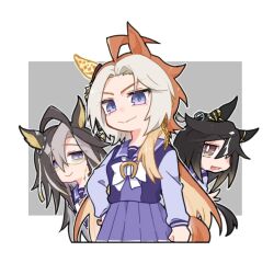  3girls ahoge animal_ears beer_hsk black_hair blue_eyes bow bowtie brown_eyes brown_hair closed_mouth dream_journey_(umamusume) ear_covers ear_ornament eyewear_strap glasses hair_between_eyes horse_ears horse_girl horse_tail long_hair long_sleeves looking_at_viewer multicolored_hair multiple_girls open_mouth orange_hair orfevre_(umamusume) purple_sailor_collar purple_serafuku purple_shirt purple_skirt sailor_collar sailor_shirt school_uniform serafuku shirt single_ear_cover skirt smile stay_gold_(umamusume) streaked_hair tail tracen_school_uniform two-tone_hair umamusume violet_eyes white_bow white_bowtie white_hair 