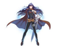  1boy ahoge arm_wrap aura belt belt_buckle black_pants black_shirt black_sleeves blue_hair boris_jinneman brown_belt brown_cape brown_capelet brown_shoes buckle cape capelet closed_mouth commentary_request covered_abs crossed_belts english_text expressionless floating_hair full_body grey_eyes highres holding holding_sword holding_weapon huge_weapon korean_commentary left-handed legs_apart long_hair looking_at_viewer male_focus multiple_belts nexon o-ring official_alternate_costume pants sang_ah_yoon shirt shoes silver_legwear simple_background solo split_mouth standing straight_hair sword sword_tassel tales_weaver tassel three-quarter_sleeves turtleneck turtleneck_capelet watermark weapon white_background 