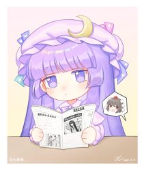  1girl absurdres artist_name black_hair border bow bowtie capelet chibi chibi_only chinese_commentary collared_shirt commentary_request crescent crescent_hat_ornament dated expressionless fujiwara_no_mokou hat hat_ornament hat_ribbon highres holding holding_newspaper houraisan_kaguya image_in_speech_bubble jitome kakashi_spirit_news kiri_(maoxianjiu) light_blush long_hair newspaper patchouli_knowledge pointy_ears pom_pom_(clothes) purple_bow purple_bowtie purple_capelet purple_hair purple_hat purple_shirt reading red_eyes red_hat ribbon shameimaru_aya shirt solo speech_bubble table tokin_hat touhou translation_request violet_eyes white_border yellow_background 