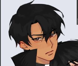  1boy 1other aegyo_sal art_program_in_frame black_coat black_eyes black_hair close-up coat curtained_hair dokjasepilogue kim_dokja looking_at_viewer male_focus omniscient_reader's_viewpoint open_clothes open_coat popped_collar portrait screenshot serious short_hair solo_focus yoo_joonghyuk 