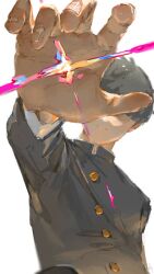  1boy black_hair bowl_cut closed_mouth covered_eyes energy fingernails gakuran gusoyugo hand_focus in_palm kageyama_shigeo long_sleeves mob_psycho_100 school_uniform short_hair simple_background solo white_background 