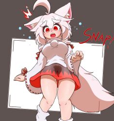  1girl ahoge animal_ear_fluff animal_ears bare_shoulders black_skirt blush breasts camera_pov crying crying_with_eyes_open detached_sleeves heart highres inubashiri_momiji large_breasts looking_at_viewer open_mouth panties red_eyes red_skirt sharp_teeth shirt short_hair shun_s86 skirt sleeveless sleeveless_shirt solo standing tail tears tears_from_one_eye teeth touhou turtleneck turtleneck_shirt two-tone_skirt underwear white_hair white_panties white_shirt white_sleeves wolf_ears wolf_girl wolf_tail 
