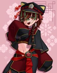  1girl :d absurdres black_shirt black_skirt braid brown_hair capelet character_request check_gender commentary_request commission copyright_request cowboy_shot cropped_shirt eyelashes fangs floral_background gender_request gold_trim green_hair highres midriff multicolored_hair navel open_mouth pink_background red_capelet red_shirt red_skirt round_eyewear sharp_teeth shirt skeb_commission skirt sleeves_past_fingers sleeves_past_wrists smile solo teeth tongue two-tone_capelet two-tone_hair two-tone_shirt two-tone_skirt upper_teeth_only v-shaped_eyebrows virtual_youtuber yellow-framed_eyewear yellow_eyes zakozako_y 