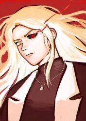  1girl absurdres anna_croft black_sclera black_shirt blonde_hair coat colored_sclera dokjasepilogue flaming_eye glowing glowing_hair head_tilt heterochromia high_collar highres jewelry long_hair looking_at_viewer necklace omniscient_reader's_viewpoint open_clothes open_coat portrait red_eyes shirt solo yellow_eyes 