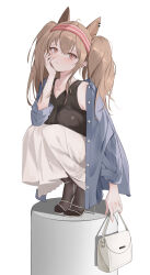  1girl absurdres ahoge alternate_breast_size_(larger) angelina_(arknights) animal_ears arknights bag black_pantyhose black_shirt blue_shirt breasts brown_hair collarbone earrings extra_ears fingernails fox_ears fox_girl fox_tail full_body hairband hand_on_own_face handbag high_heels highres holding holding_bag jewelry large_breasts long_hair long_skirt long_sleeves looking_at_viewer ningmeng_chai no_tail off_shoulder open_clothes open_shirt pantyhose pedestal pink_nails red_eyes red_hairband see-through_pantyhose shirt shoes simple_background skirt solo squatting stiletto_heels striped_clothes striped_hairband tail twintails two-tone_hairband unbuttoned white_background white_bag white_shoes white_skirt 