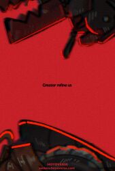  1other english_text film_grain from_side godzilla_(series) hashtag-only_commentary highres magus_(zenless_zone_zero) mechanical_tail movie_poster omgitsdestnoway poster_parody red_background shin_godzilla simple_background solo tail zenless_zone_zero 