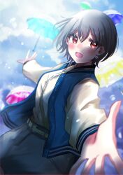  1girl absurdres asahi_rise bang_dream! bang_dream!_it's_mygo!!!!! blue_jacket blue_umbrella blush chihaya_anon commentary earrings green_umbrella grey_hair grey_skirt highres jacket jewelry kaname_raana long_sleeves looking_at_viewer mygo!!!!!_(bang_dream!) nagasaki_soyo open_clothes open_jacket open_mouth pink_umbrella red_eyes shiina_taki shirt short_hair skirt solo symbolism takamatsu_tomori umbrella white_shirt yellow_umbrella 