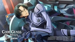  1boy armor asahina_shougo black_hair blue_eyes blue_sky bodysuit closed_mouth clouds code_geass code_geass:_lost_stories commentary_request cropped_vest curtained_hair dutch_angle english_commentary f4samurai forehead game_cg gekka_(code_geass) glasses grey_bodysuit grey_vest hand_up highres light_particles light_rays looking_at_viewer male_focus mecha night official_art outdoors rimless_eyewear robot round_eyewear short_hair shoulder_armor sky solo standing v-shaped_eyebrows vest 