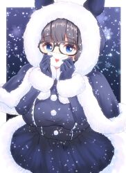  1girl animal_ears blue_coat blue_dress blue_eyes blush border coat commentary_request covered_mouth dress fur-trimmed_coat fur-trimmed_headwear fur-trimmed_skirt fur-trimmed_sleeves fur_trim glasses gloves grey_hair holding holding_letter hood horse_ears horse_girl letter long_sleeves looking_at_viewer love_letter petit_rob_roy pom_pom_(clothes) skirt snow solo solo_focus umamusume white_border winter_clothes zenno_rob_roy_(umamusume) 
