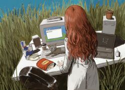  1girl absurdres can cat cat_on_keyboard chair chips_(food) computer computer_mouse cowboy_shot desk english_text facing_away food from_behind gold_can grass highres lab_coat long_hair looking_at_another microsoft_windows neon_genesis_evangelion original outdoors plant potted_plant red_hair seele_(evangelion) solo speaker window_(computing) windows_xp 
