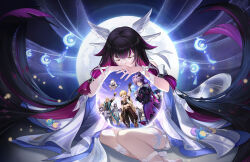  5boys 5girls absurdres aether_(genshin_impact) albedo_(genshin_impact) arlecchino_(genshin_impact) arm_up black_hair blonde_hair braid closed_eyes coat columbina_(genshin_impact) commentary_request crescent crop_top dragon_boy dragon_horns dragon_wings dress eye_mask full_moon gem genshin_impact gloves hair_between_eyes hair_intakes hair_ribbon halo hat head_wings highres horns lauma_(genshin_impact) long_hair mask mini_durin_(genshin_impact) mini_durin_(human)_(genshin_impact) moon multicolored_hair multiple_boys multiple_girls official_art own_hands_together paimon_(genshin_impact) pink_hair purple_hair red_eyes ribbon sandrone_(genshin_impact) scaramouche_(genshin_impact) scarf two-tone_hair varka_(genshin_impact) very_long_hair vision_(genshin_impact) wanderer_(genshin_impact) white_dress white_hair white_ribbon wings yellow_eyes 