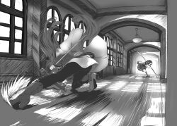  2girls absurdres boots fighting_stance full_body grass_wonder_(stone-piercing_blue)_(umamusume) grass_wonder_(umamusume) hallway high_heel_boots high_heels highres holding holding_polearm holding_sheath holding_sword holding_weapon horse_tail indoors katana komoro_paint777 long_hair monochrome multicolored_hair multiple_girls naginata pantyhose pleated_skirt polearm running scabbard school_uniform sheath short_hair skirt sliding special_week_(umamusume) sword tail tracen_school_uniform two-tone_hair umamusume weapon 
