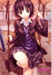  1girl amagami black_hair brown_eyes hands highres jacket legs matsuryuu nanasaki_ai scan screening seifuku short_hair sitting skirt smile solo sweater swing 