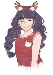 1girl absurdres animal_ear_hairband animal_ears balcony boruto:_two_blue_vortex braid closed_eyes facial_mark fake_animal_ears fake_antlers grin hairband highres long_hair low_twin_braids naruto_(series) red_shirt rozan_arts shirt sleeveless sleeveless_shirt smile snowflake_print solo twin_braids twintails upper_body uzumaki_himawari watermark whisker_markings