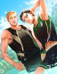  2boys absurdres bare_shoulders black_hair black_male_swimwear black_shirt black_shoes black_tank_top black_vest blonde_hair blue_eyes cowboy_shot erwin_smith green_shirt green_tank_top hair_behind_ear hand_in_own_hair highres levi_(shingeki_no_kyojin) looking_at_viewer male_focus male_swimwear midriff_peek mskei multiple_boys muscular muscular_male navel parted_lips partially_submerged shingeki_no_kyojin shirt shoes short_hair smile survey_corps_(emblem) swept_bangs tank_top vest 