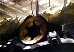  apsalus apsalus_iii artist_request beam_cannon cable chest_cannon crane_(machine) gundam gundam_08th_ms_team gundam_perfect_file hangar headless highres laboratory machinery mecha mecha_focus official_art painting_(medium) realistic robot scan science_fiction shoulder_spikes spikes traditional_media upper_body weapon zeon 