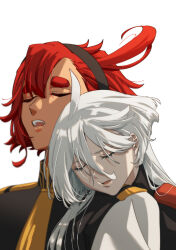  2girls absurdres asticassia_school_uniform black_hairband closed_eyes commentary_request gundam gundam_suisei_no_majo hairband head_on_another's_shoulder highres jacket korean_commentary long_hair miorine_rembran multiple_girls open_mouth parted_lips school_uniform simple_background sleeping snapagi suletta_mercury white_background white_jacket yuri 