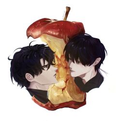 2boys apple apple_core appletrend black_eyes black_hair black_shirt food fruit highres kim_dokja looking_at_another male_focus multiple_boys narrowed_eyes omniscient_reader's_viewpoint portrait shirt short_hair smile superimposition yoo_joonghyuk yu_shiro_ki 