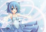  absurdres bad_id bare_shoulders blue_eyes blue_hair bow cirno dress elbow_gloves foreshortening gloves hair_bow highres ice jewelry necklace outstretched_arms short_hair solo spread_arms touhou wings yuzin yu~ji~n 