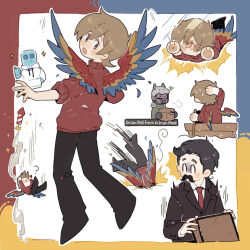  4boys animification bird_boy bird_wings black_hair block_(minecraft) blonde_hair boat border chest_(furniture) chibi commentary english_commentary facial_hair falling fireworks grian_(youtuber) hermitcraft ijevin luminous_slime male_focus minecraft minecraft_youtube multiple_boys multiple_views mumbo_jumbo_(youtuber) mustache parrot_boy short_hair simple_background slime_(creature) suit watercraft white_background wings xisumavoid 