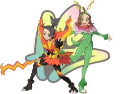  1boy 1girl absurdres antennae black_hair bodysuit brown_eyes brown_hair cosplay covered_navel emboar fire gloves harmony_(pokemon) highres holding holding_weapon impossible_bodysuit impossible_clothes impossible_leotard leotard mega_emboar mega_emboar_(cosplay) mega_meganium mega_meganium_(cosplay) meganium neck_flower open_mouth partially_fingerless_gloves paxton_(pokemon) pokemon pokemon_legends:_z-a raida_(fmuc5473) skin_tight sleeves_past_wrists standing standing_on_one_leg teeth upper_teeth_only weapon 