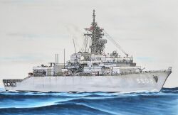  clouds cloudy_sky commentary_request highres japan_maritime_self-defense_force japan_self-defense_force jds_kashima_(tv-3508) mast military military_vehicle no_humans ocean original rising_sun_flag sailing ship ship_turret sky smile_(jdsmyoko) smokestack sunburst warship watercraft waves 