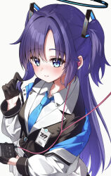  1girl absurdres black_gloves blue_archive blue_necktie blush cellphone closed_mouth collared_shirt earphones gloves grey_background hair_between_eyes hair_ornament half_gloves halo headgear highres holding holding_phone id_card jacket long_hair long_sleeves mechanical_halo necktie phone purple_hair shared_earphones shirt simple_background skirt skirt_suit smartphone suit timtim_(tim99292) triangle_hair_ornament two_side_up very_long_hair white_jacket white_shirt yuuka_(blue_archive) 