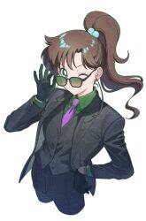  alternate_costume bishoujo_senshi_sailor_moon black_gloves black_jacket black_pants black_suit black_vest brown_hair collared_shirt commentary cowboy_shot earrings formal_clothes gloves green_eyes grey_shirt hand_on_own_hip highres jacket jewelry kino_makoto necktie one_eye_closed p_m_ame pant_suit pants ponytail purple_necktie shirt suit sunglasses symbol-only_commentary upper_body vest 