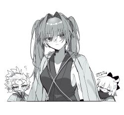  1boy 2girls black_bow black_kimono black_scarf blush bow closed_eyes fate/grand_order fate_(series) forked_eyebrows genderswap genderswap_(mtf) greyscale hair_bow hair_intakes haori haori_on_shoulders harada_sanosuke_(fate) harada_sanosuke_(teal_haori_and_hakama)_(fate) high_ponytail highres japanese_clothes kimono medium_sideburns monochrome multiple_girls nagakura_shinpachi_(fate) nagakura_shinpachi_(third_ascension)_(fate) okita_souji_(fate) okita_souji_(third_ascension)_(fate) ponytail scar scar_on_cheek scar_on_face scarf shinsengumi_(fate) simano_858 simple_background sleeveless sleeveless_kimono translated twintails white_background 