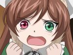  brown_hair clenched_fists close desu heterochromia open_mouth rozen_maiden solo suiseiseki vector 