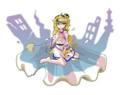  1girl alphes_(style) barefoot between_legs black_hairband blonde_hair blush breasts clam_shell_ornament collarbone commentary_request dairi defeat dress fossilized_wonders frilled_sleeves frills full_body hairband hand_between_legs hand_on_own_chest highres large_variant_set long_hair medium_breasts parody shaded_face side_slit solo style_parody tachi-e torn_clothes touhou transparent_background variant_set very_long_hair watari_nina wavy_hair white_dress wide_sleeves 