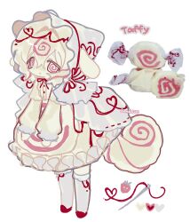  1girl @_@ animal_ears bomal1215 candy capelet colored_skin curled_tail dog_ears dog_girl dog_tail dress food frilled_dress frills lolita_fashion long_sleeves looking_at_viewer original personification shoes simple_background socks solo sweet_lolita tail veil white_background white_dress white_hair white_skin 