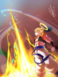  1boy abs aura black_vest blonde_hair blue_sash cropped_vest dragon_ball dragon_ball_z electricity gogeta green_eyes halo highres lafia_db male_focus medium_hair metamoran_vest muscular muscular_male no_shirt open_clothes open_vest pants sash signature solo spiky_hair standing super_saiyan super_saiyan_1 twitter_username vest white_pants yellow_halo 