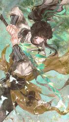 1boy absurdres arm_armor black_hair black_pants cloak closed_mouth green_ribbon hair_ribbon highres holding holding_sword holding_weapon long_hair looking_ahead male_focus mian_tu_qiu pants qiuyuan_(wuthering_waves) ribbon solo sword weapon white_cloak wuthering_waves 