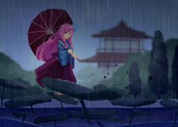  1girl architecture blue_shirt closed_mouth east_asian_architecture furahata_gen hair_between_eyes hata_no_kokoro highres holding holding_umbrella japanese_clothes lily_pad long_hair long_sleeves looking_at_viewer mask mask_on_head pink_eyes pink_hair pond purple_skirt rain sandals shirt skirt solo tagme temple touhou tree umbrella walking water 
