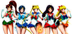 5girls :t adult_swim aino_minako bare_shoulders bishoujo_senshi_sailor_moon bishoujo_senshi_sailor_moon_r bishoujo_senshi_sailor_moon_r:_the_movie bishoujo_senshi_sailor_moon_s bishoujo_senshi_sailor_moon_s:_the_movie bishoujo_senshi_sailor_moon_supers bishoujo_senshi_sailor_moon_supers:_the_movie black_hair blonde_hair blue_bow blue_eyes blue_hair blue_sailor_collar boots bow bra breasts brooch brown_hair cameltoe chain choker cleavage collarbone cowboy_shot crescent crescent_earrings crescent_moon double_bun earrings elbow_gloves electricity female_focus fire gloves green_eyes grimbyslayer groin hair_bobbles hair_bow hair_bun hair_ornament half_updo hand_on_own_chest hand_on_own_hip headphones highres hino_rei inner_senshi jewelry kino_makoto light_smile lineup long_hair looking_at_viewer magical_girl mask medium_breasts midriff mizuno_ami moon moon_stick multiple_girls navel ofuda one_eye_closed open_mouth panties parted_lips pink_bow ponytail purple_eyes red_bow sailor_collar sailor_jupiter sailor_mars sailor_mercury sailor_moon sailor_moon_narikiri_bra_set sailor_senshi sailor_venus short_hair simple_background skirt standing star_(symbol) star_earrings thigh_gap tiara toei_animation toonami tsukino_usagi twintails underwear underwear_only v very_long_hair viz_media water white_background white_gloves white_hair